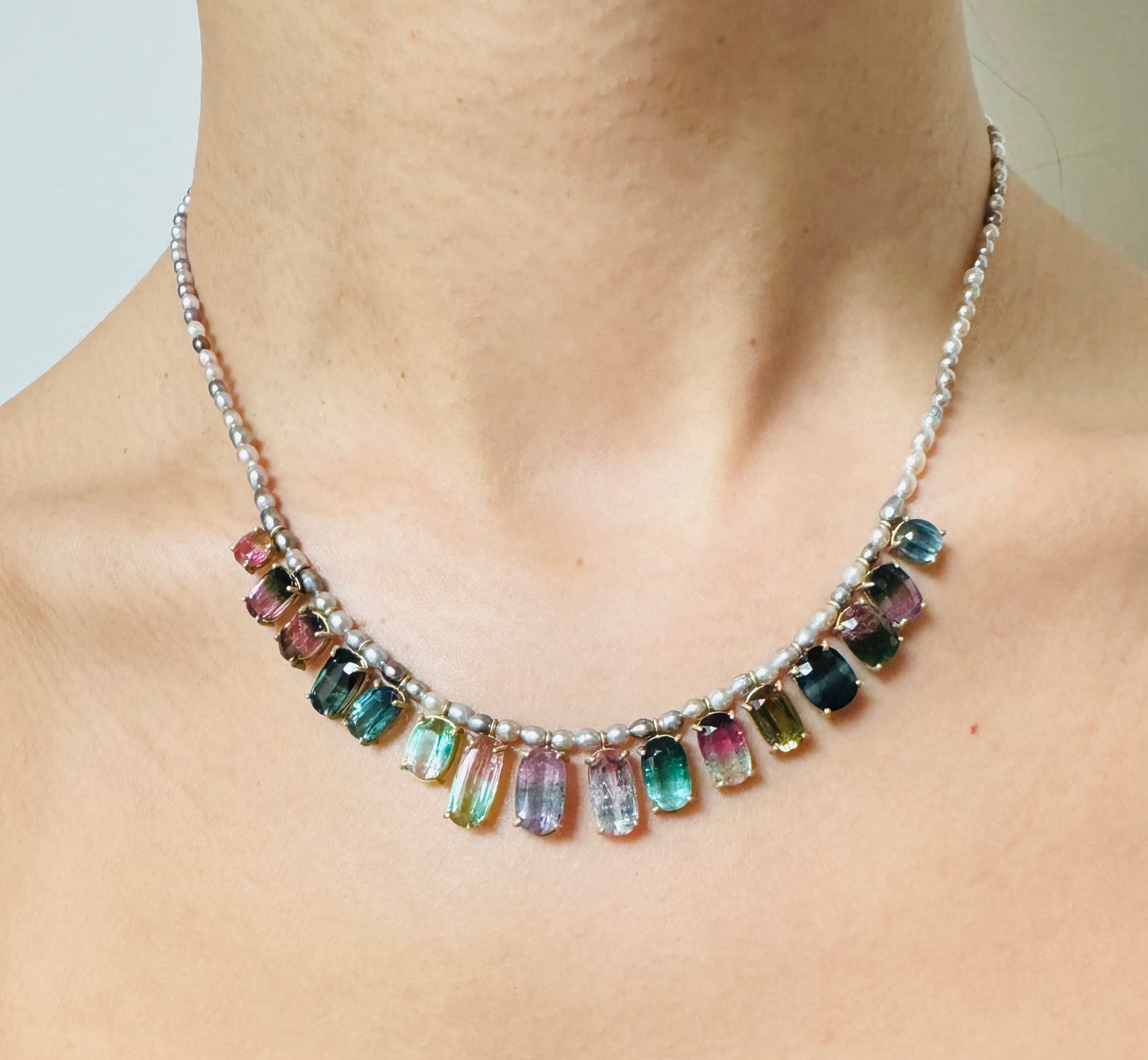 Tiny Tahitian Keshi Pearl and Bi Color Tourmaline Necklace