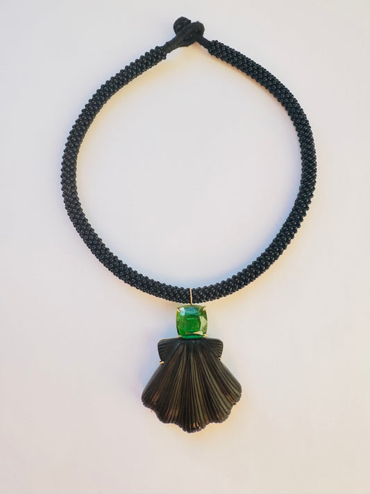 Black Onyx Embroidered Cord with Tourmaline and Onyx Shell Carving