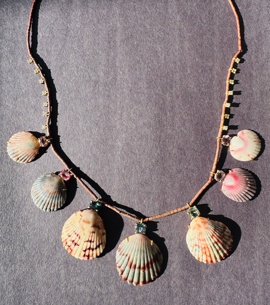 Tourmalines, Shells and Diamonds on Brown Jade Beads