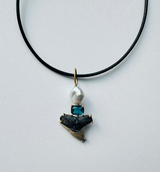 Tahitian Keshi Pearl, Tourmaline and Shark Tooth Pendant