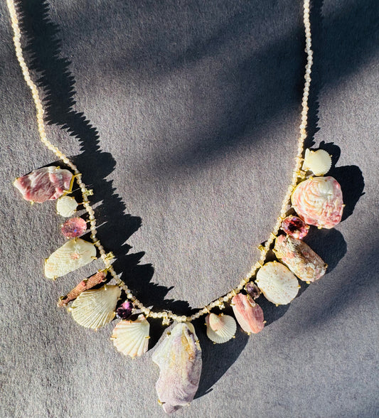 Shells, Tourmaline, Spinel and Diamonds on Quartz Beads