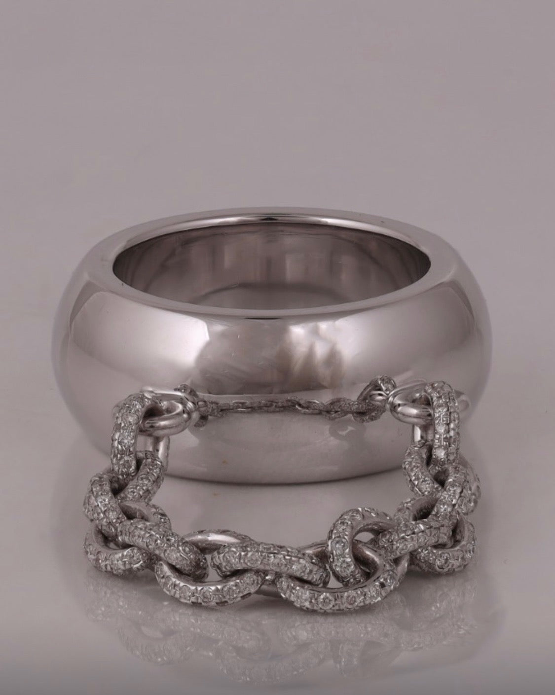 White Gold Matte Ring with Diamond Chain