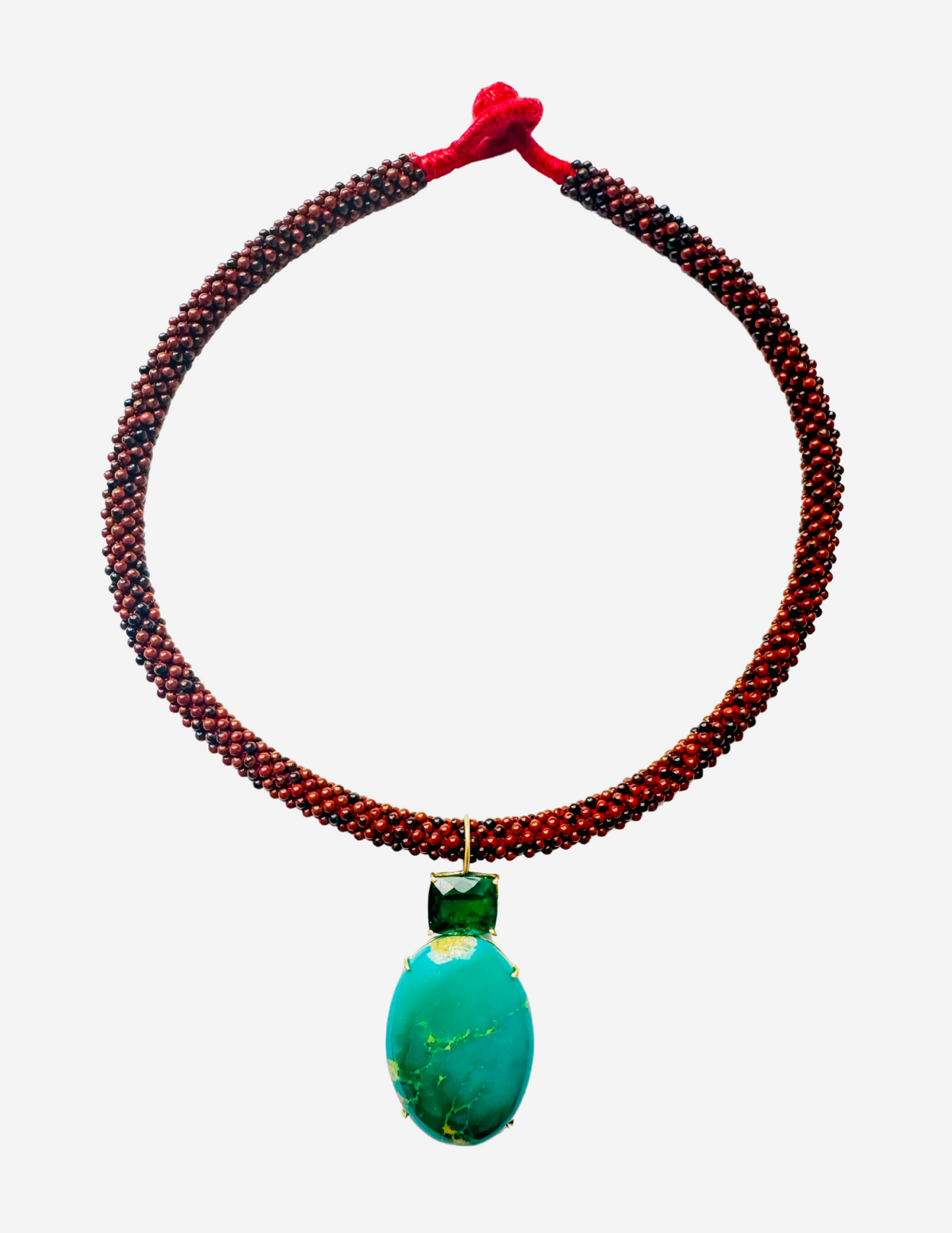 Red Tigers Eye Embroidered Cord with Turquoise and Tourmaline