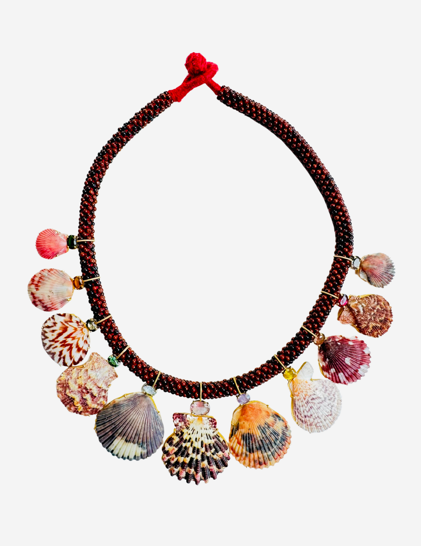 Red Jasper Embroidered Cord with Rare Shells and Tourmaline