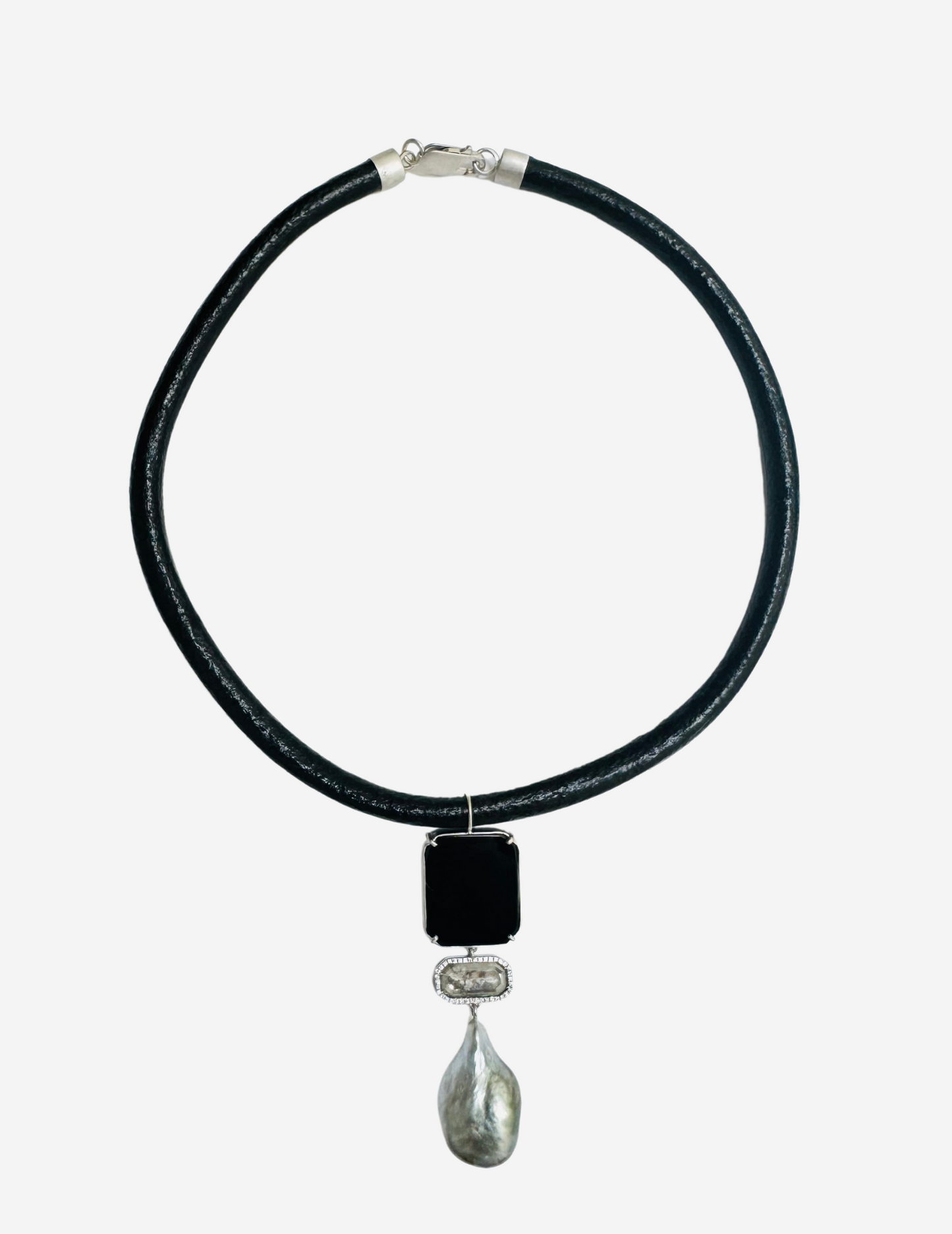 Black Leather Cord with Onyx, Diamonds and Tahitian Keshi Pearl