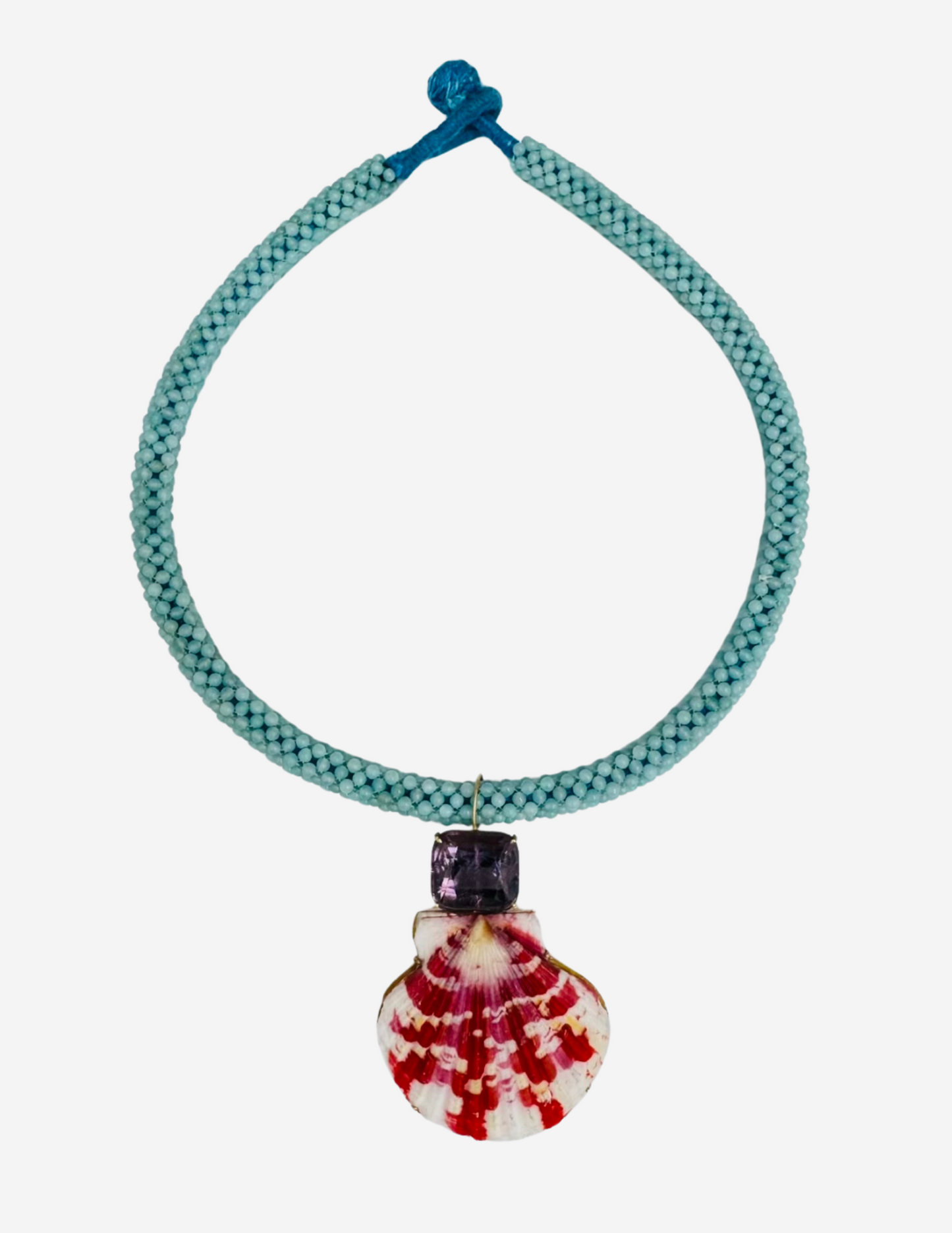 Amazonite Embroidered Cord with Spinel and Rare Shell