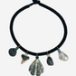 Black Onyx Embroidered Choker with Shells, Tahitian Baroque Pearl, Tiger Shark Tooth, Tourmalines and Aquamarine