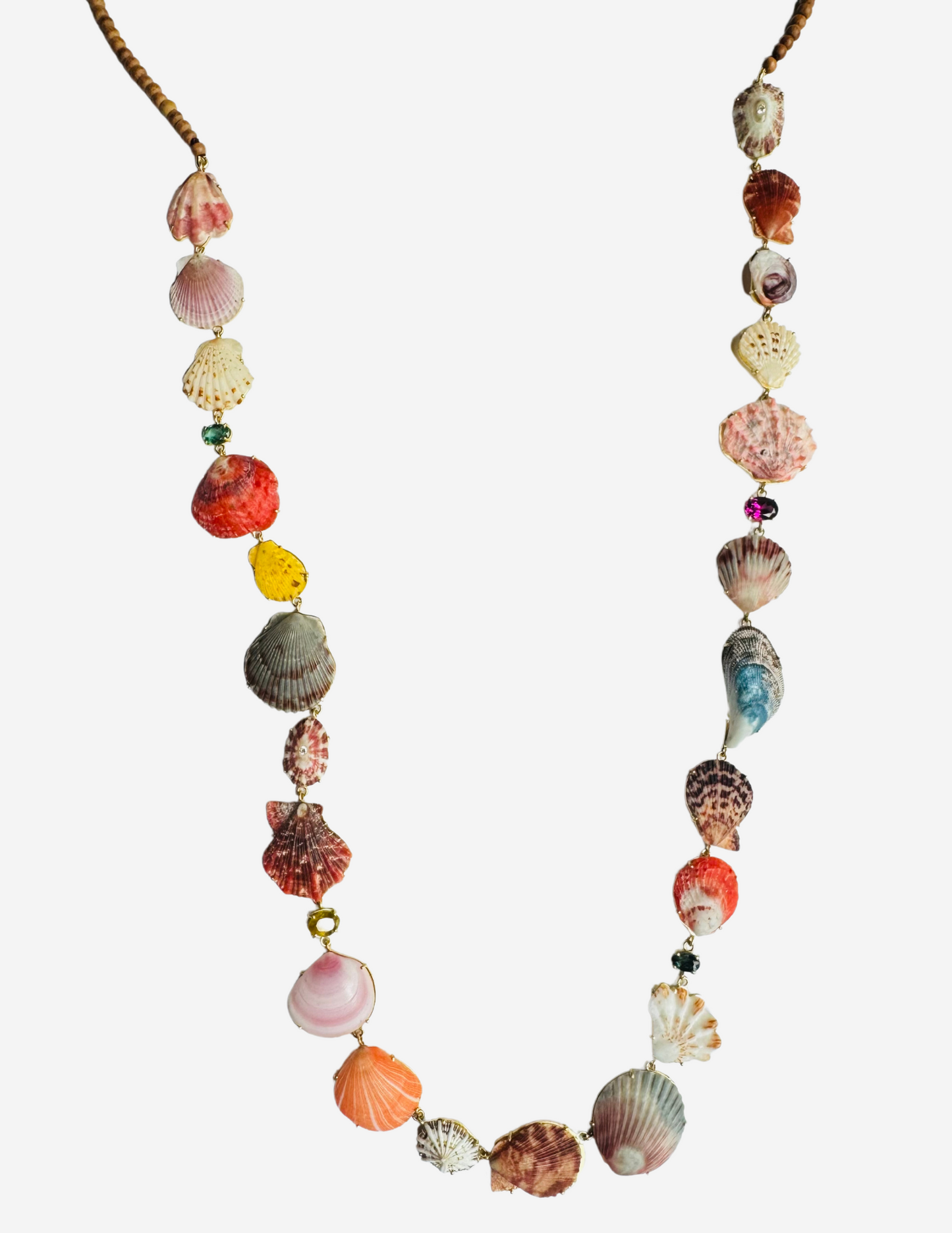 Shell, Diamond and Gem Necklace with Rosewood Beads