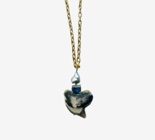 Tahitian Keshi Pearl, Sapphire and Shark Tooth Pendant