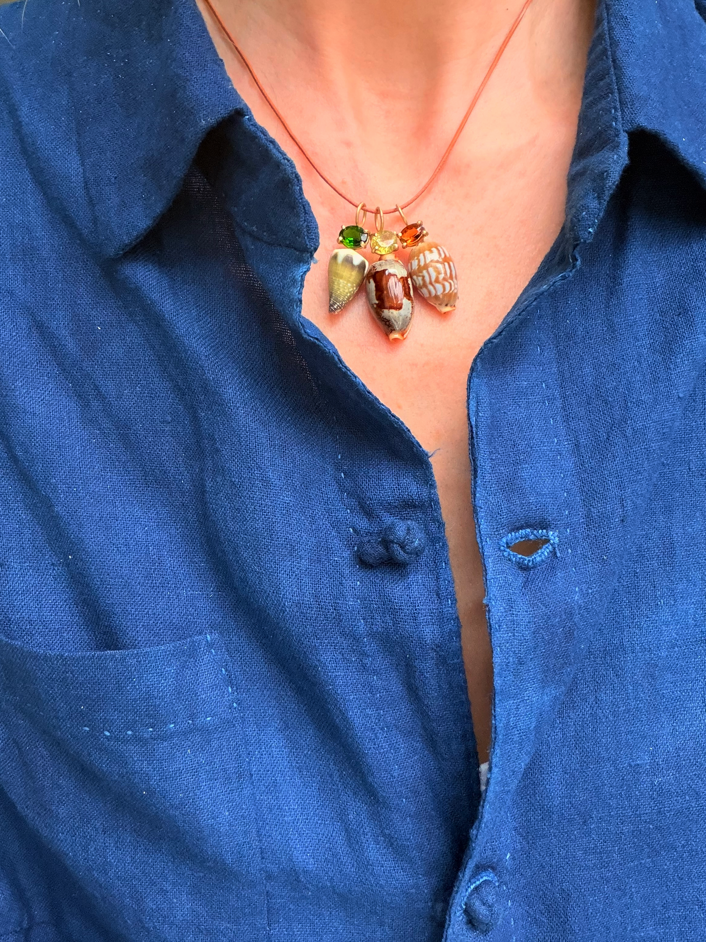 Triple Shell and Gem Necklace on Leather