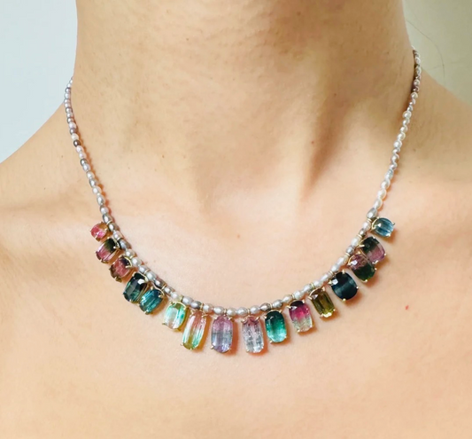 Tiny Tahitian Keshi Pearl and Bi Color Tourmaline Necklace