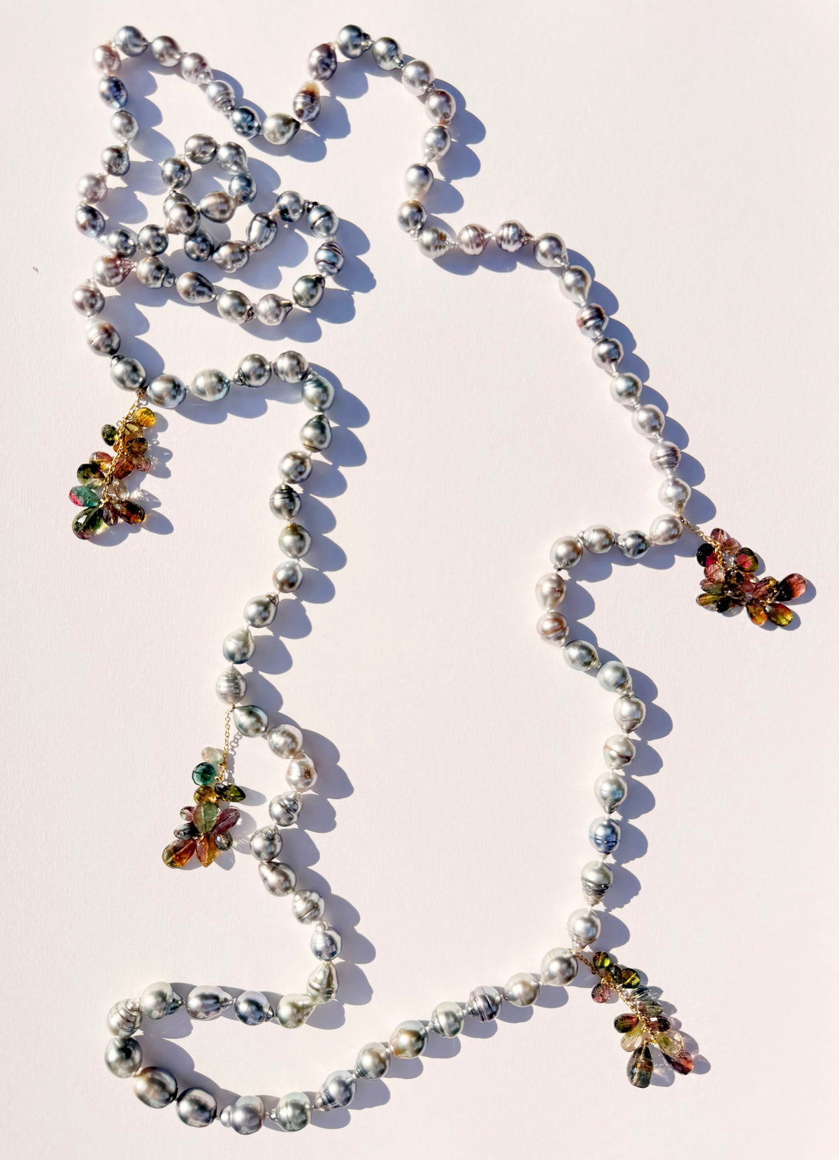 Tahitian Keshi Pearl Necklace with Tourmaline Tassels