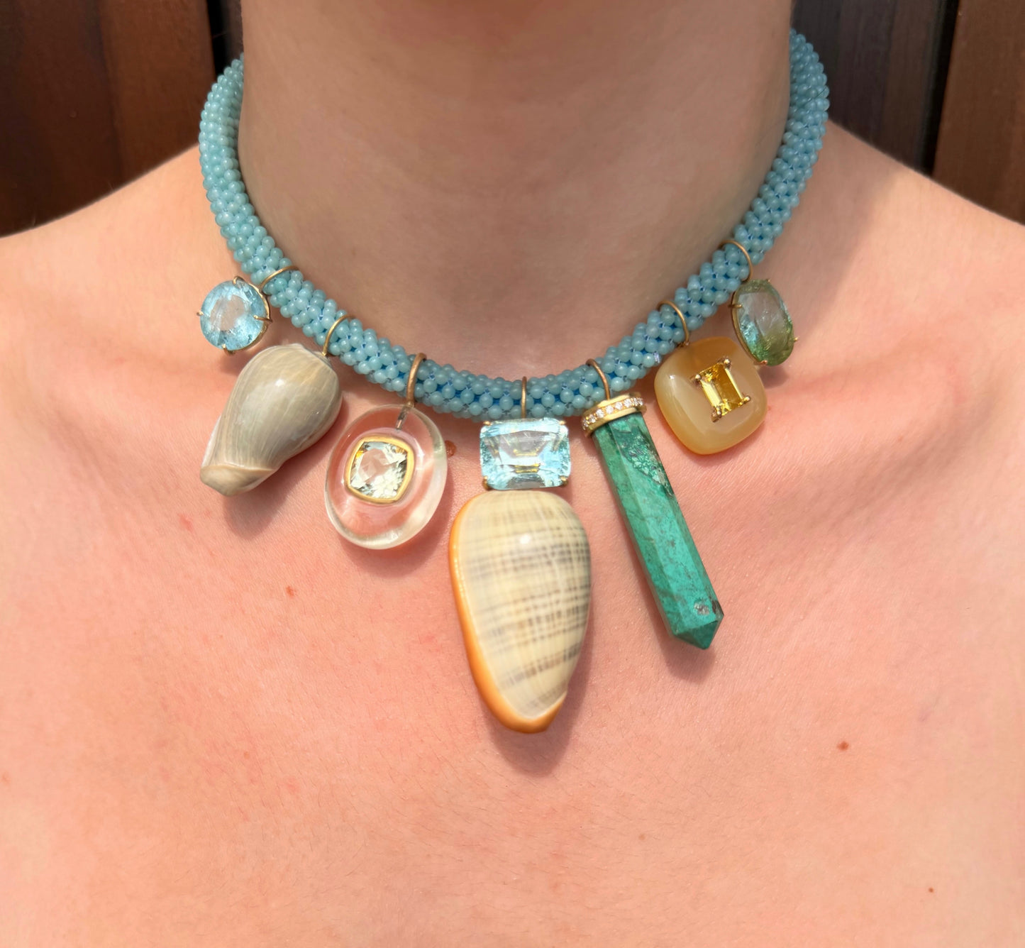 Amazonite Embroidered Cord with Multi Pendants