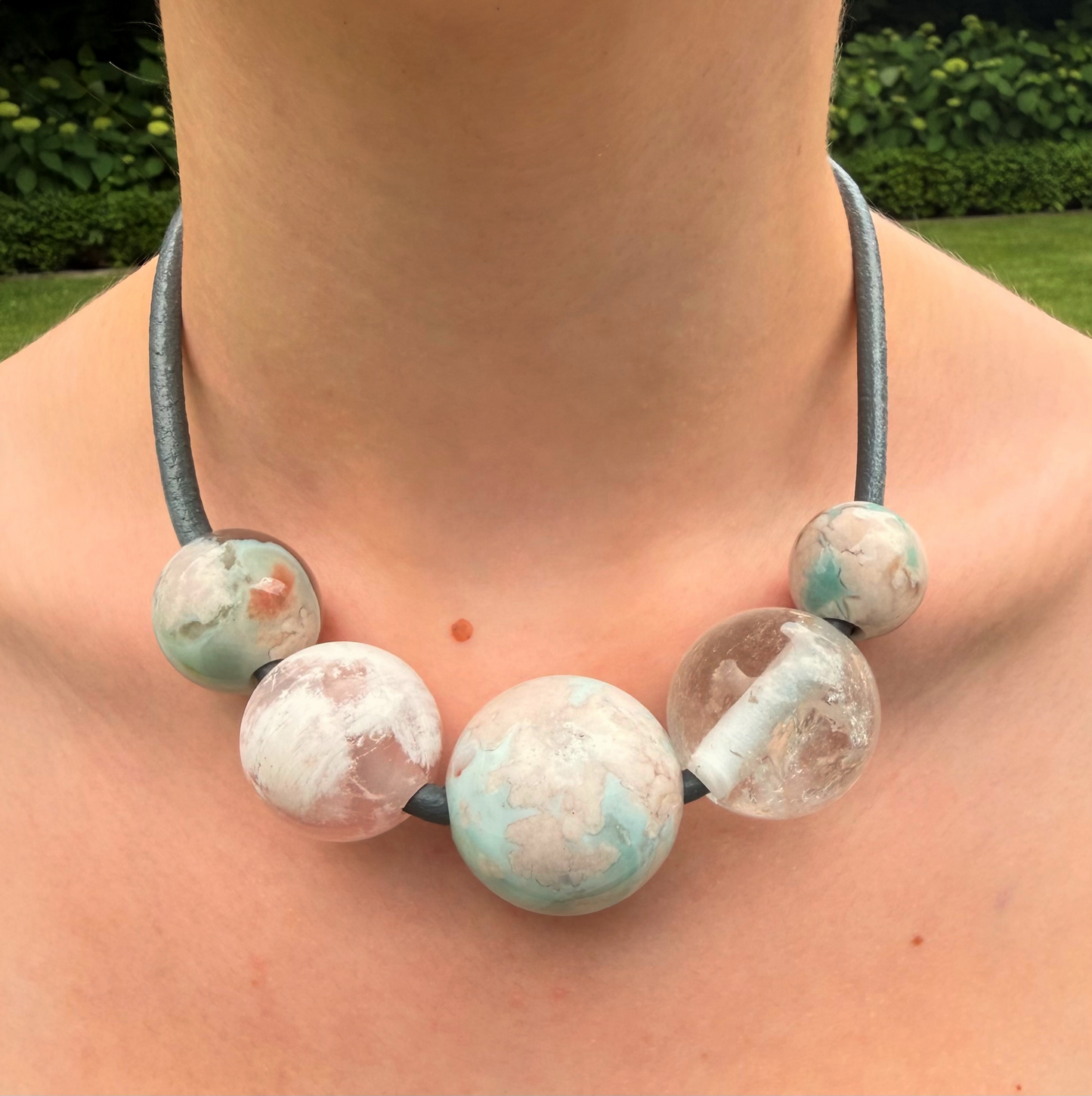 Gem Spheres Necklace, Flower Agate, Quartz