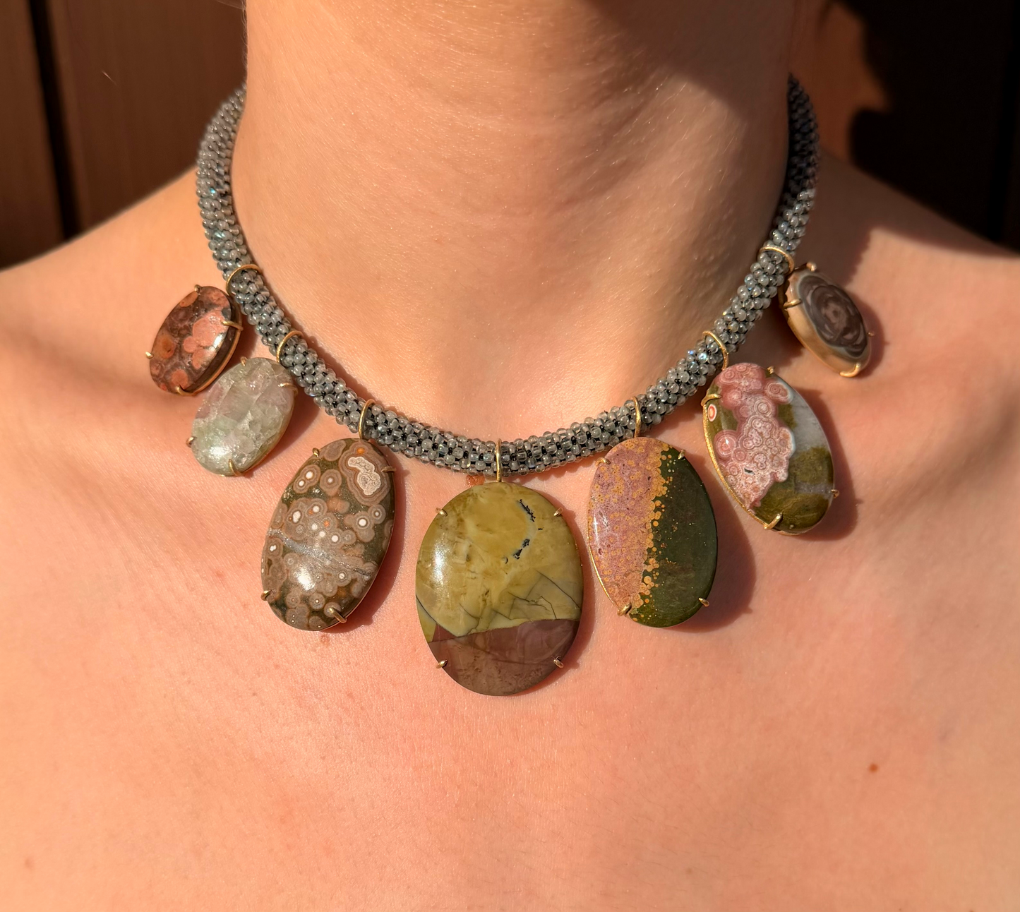 Multi Gem Necklace on Labradorite Embroidered Cord
