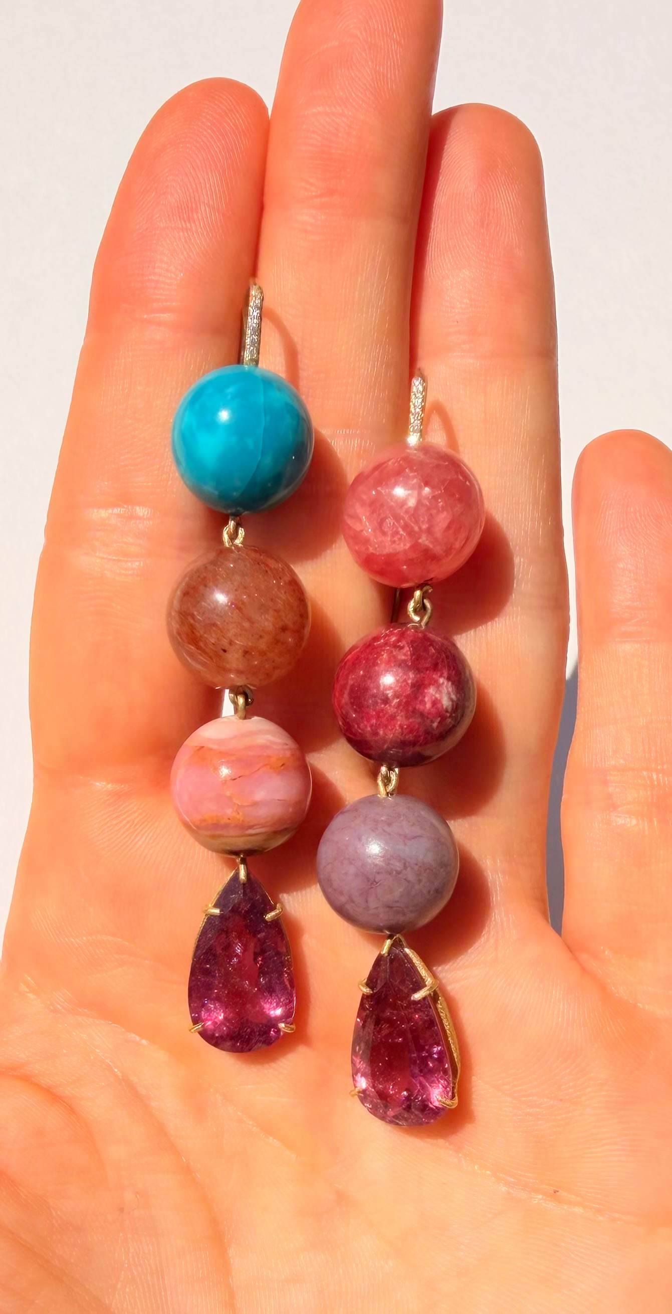 Mixed Gemstone Earrings with Diamonds Pink Tourmaline Drops