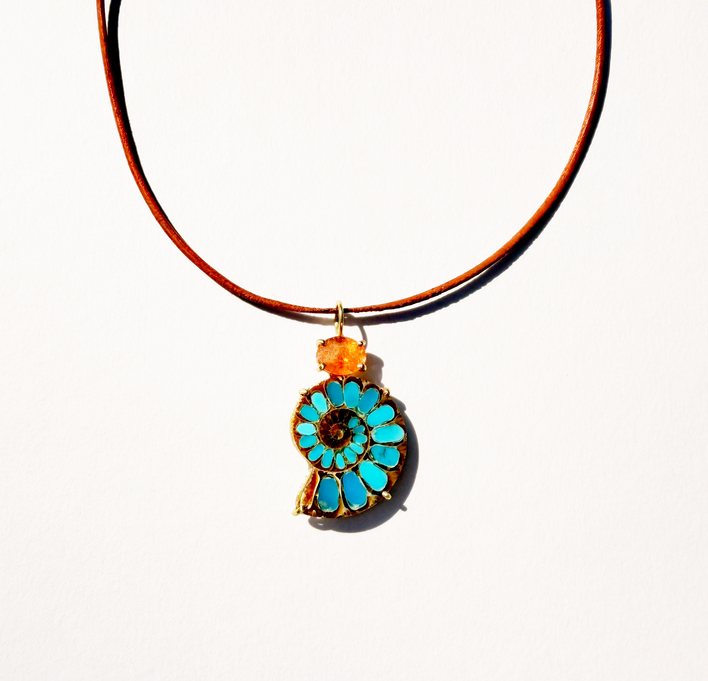 Ammonite Fossil Inlaid with Turquoise and Spessartine Pendant