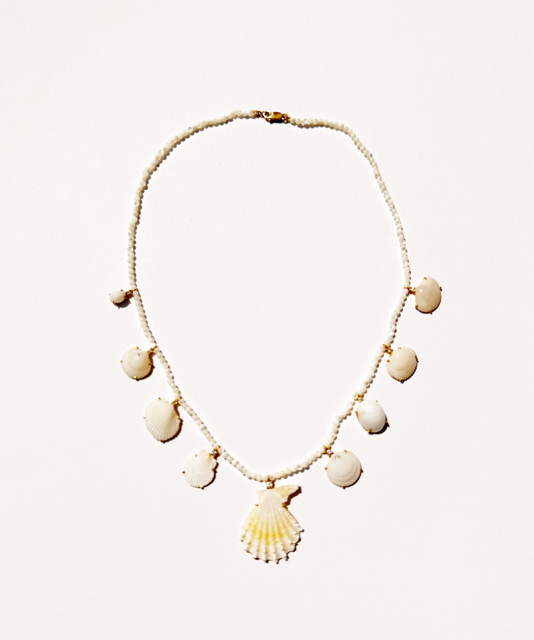 White Shell & Diamond Necklace on Mother of Pearl Beads