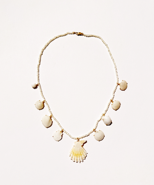 White Shell & Diamond Necklace on Mother of Pearl Beads