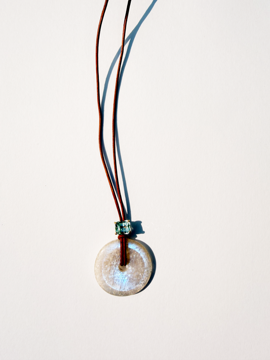 Rainbow Moonstone DIsc with Aqamarine Necklace