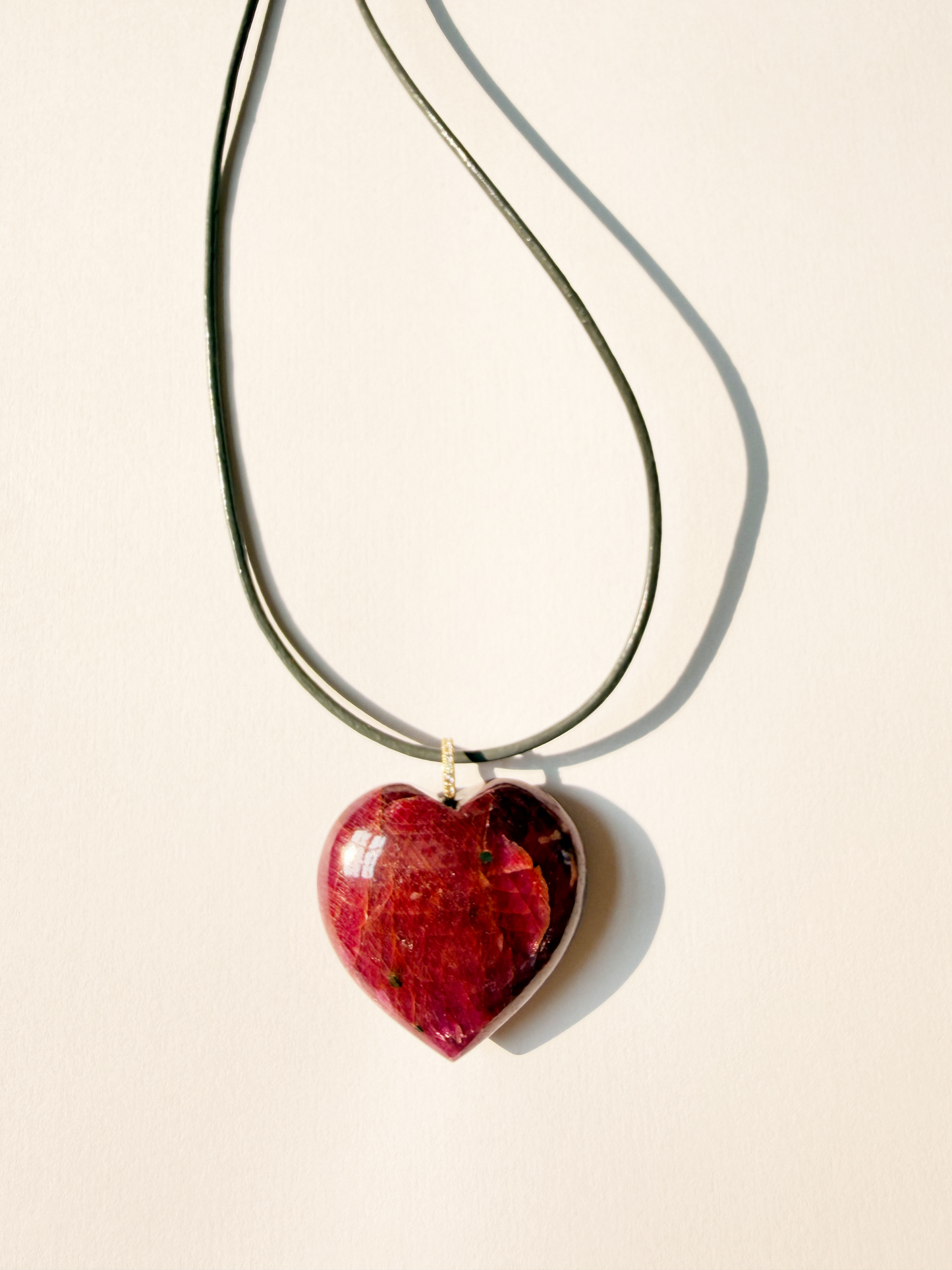 Ruby Heart Necklace on Grey Leather with Diamonds