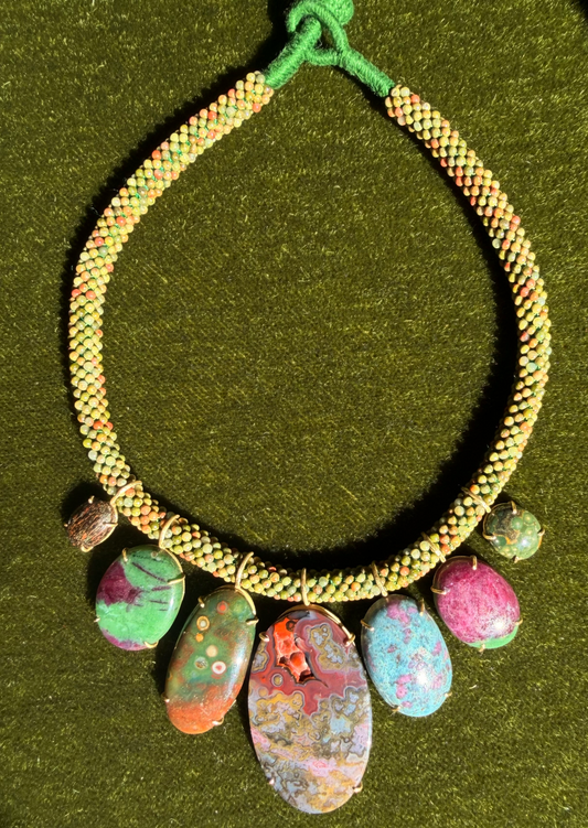 Multi Gems on Unakite Embroidered Cord