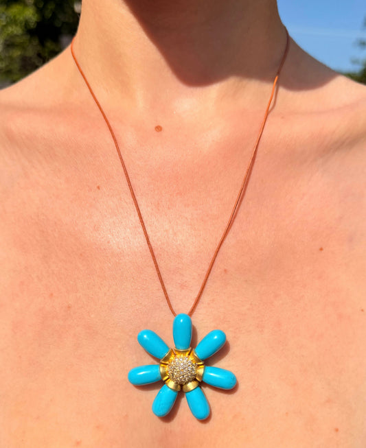 Turquoise and Diamond Flower Pendant on Leather