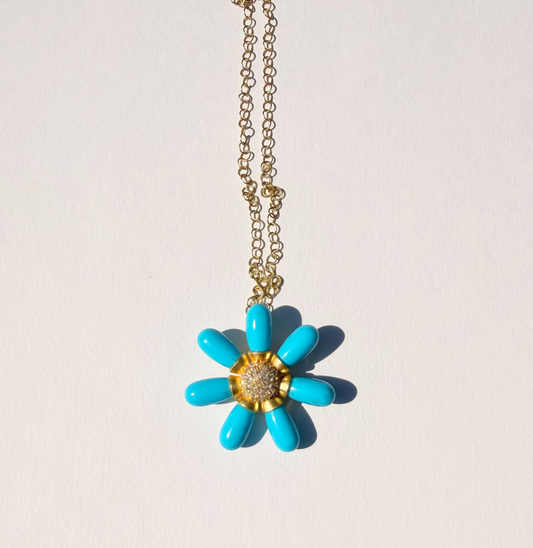 Turquoise and Diamond Flower Pendant on Leather