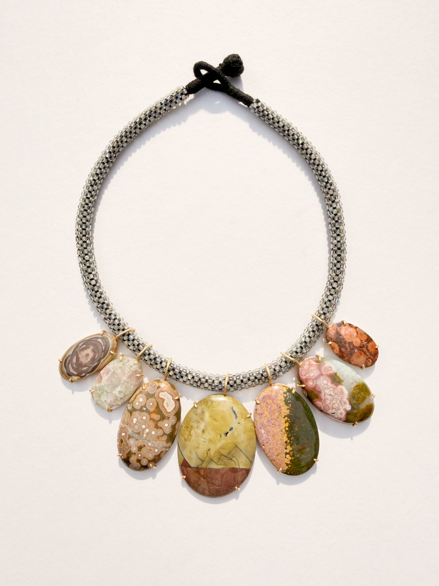 Multi Gem Necklace on Labradorite Embroidered Cord
