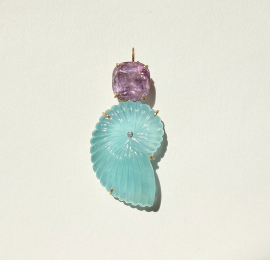 Aquamarine Shell Carving Pendant with Tourmaline and Diamond