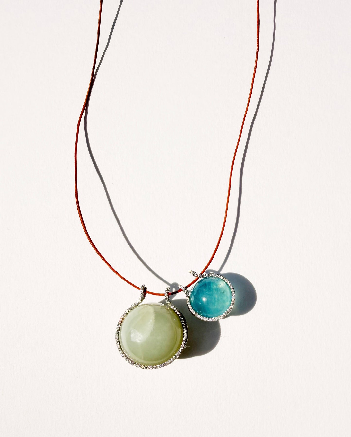 Double Diamond Healing Sphere Necklace with Diamonds, Aquamarine and Moonstone