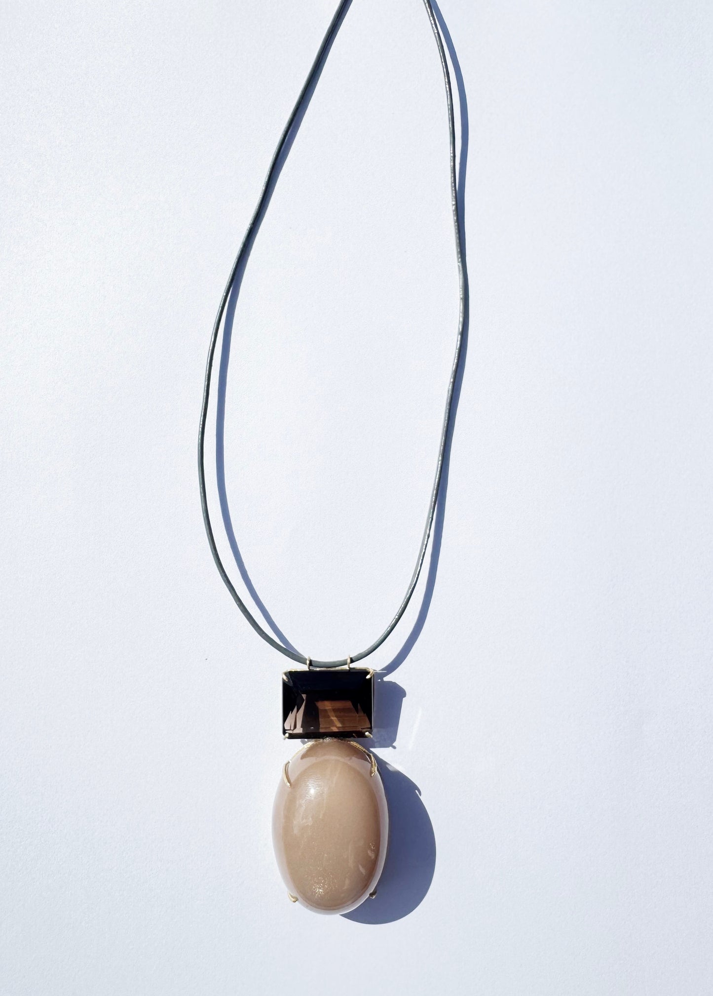 Moonstone and Smokey Quartz Pendant on Grey Leather