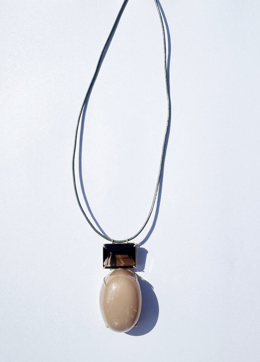 Moonstone and Smokey Quartz Pendant on Grey Leather
