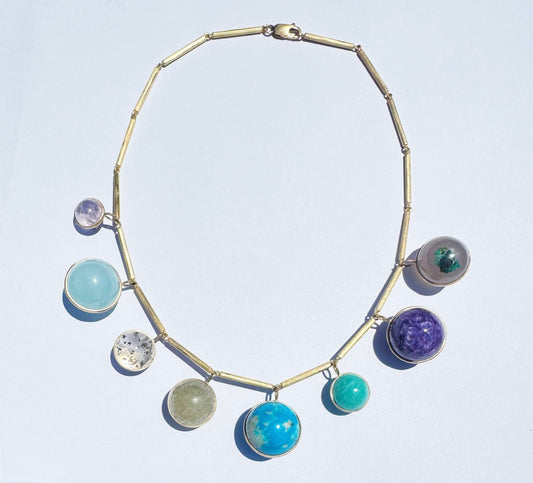 Gold Bar Necklace with Gem Spheres