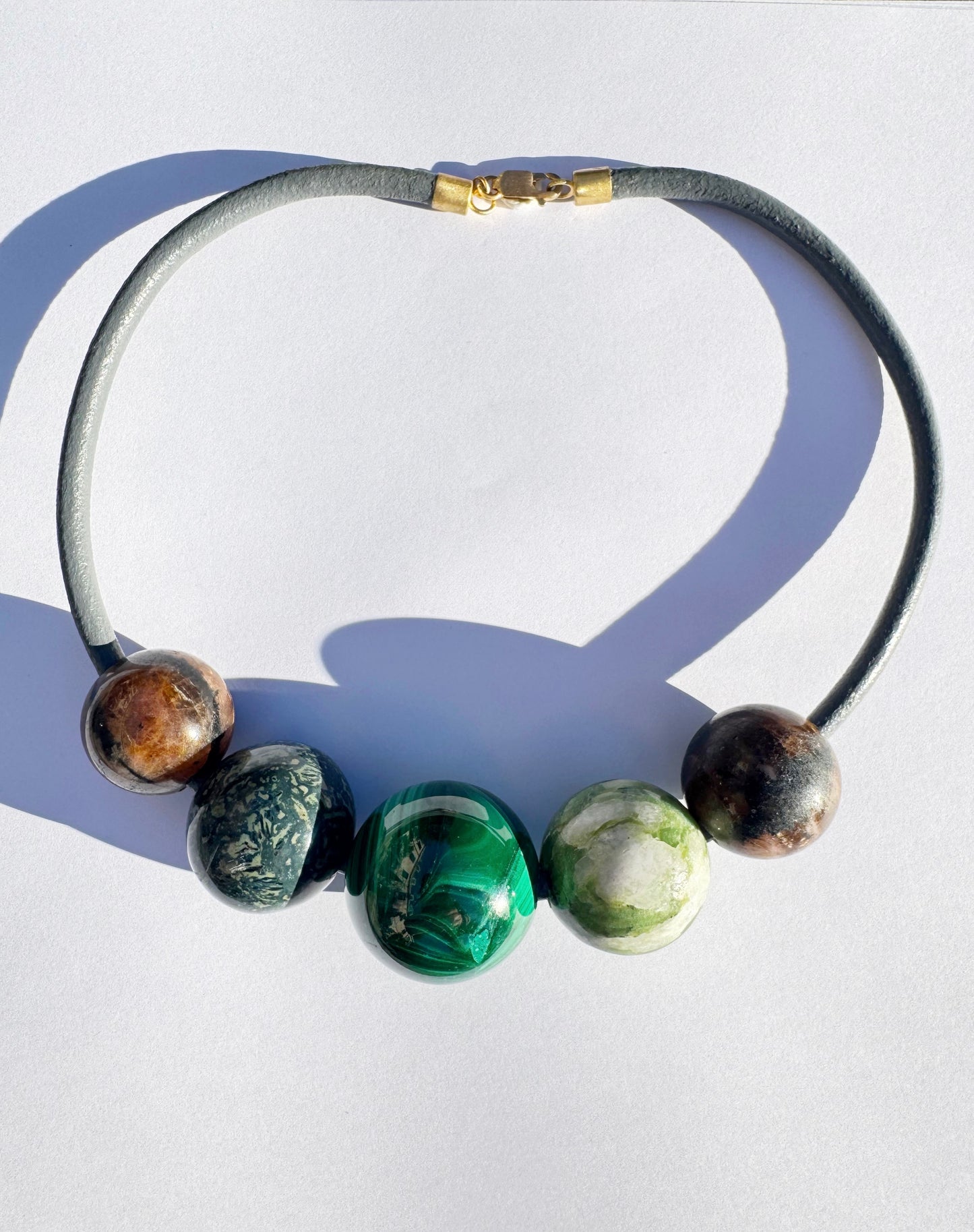 Gem Spheres Necklace, Chiastolite, Jasper, Malachite, Lemurite Quartz