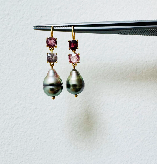 Spinel and Tahitian Keshi Pearl Earrings