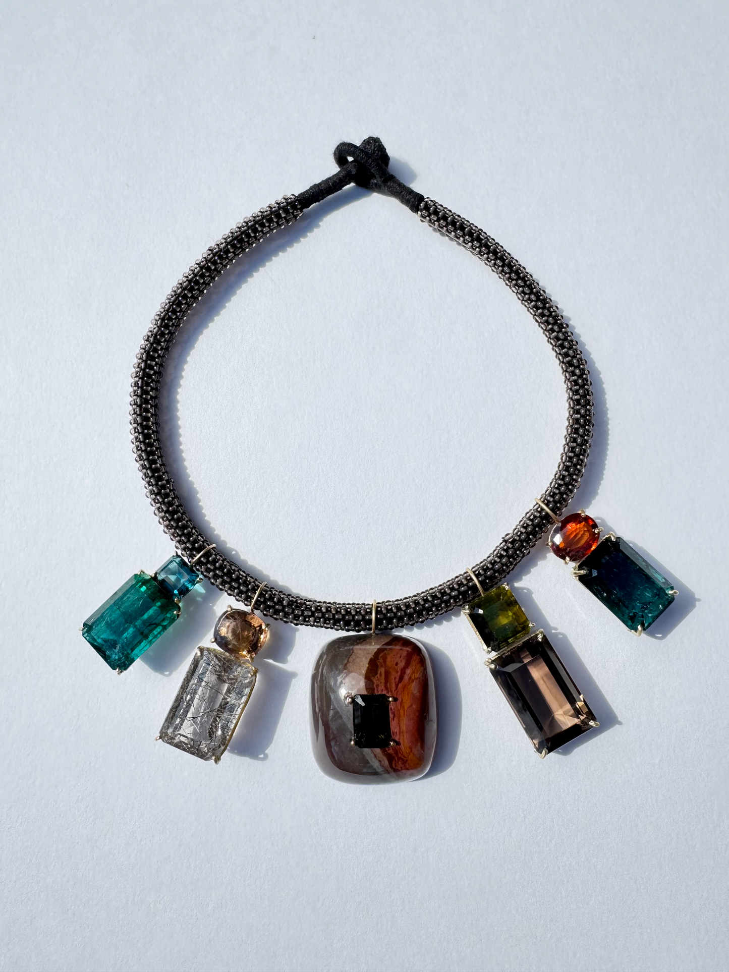 Moonstone Embroidered Cord with Multi Gem Pendants