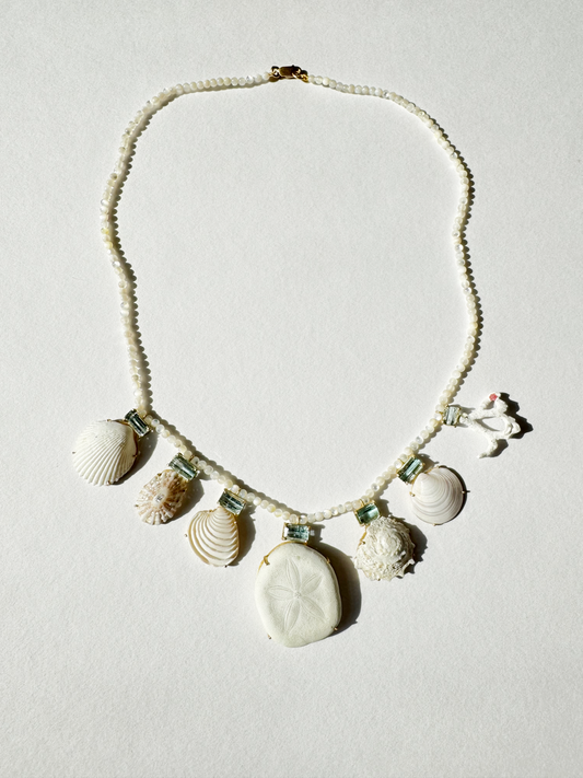 Mother of Pearl Beads with Aquamarines, Diamond, Shells, Coral and Sand Dollar
