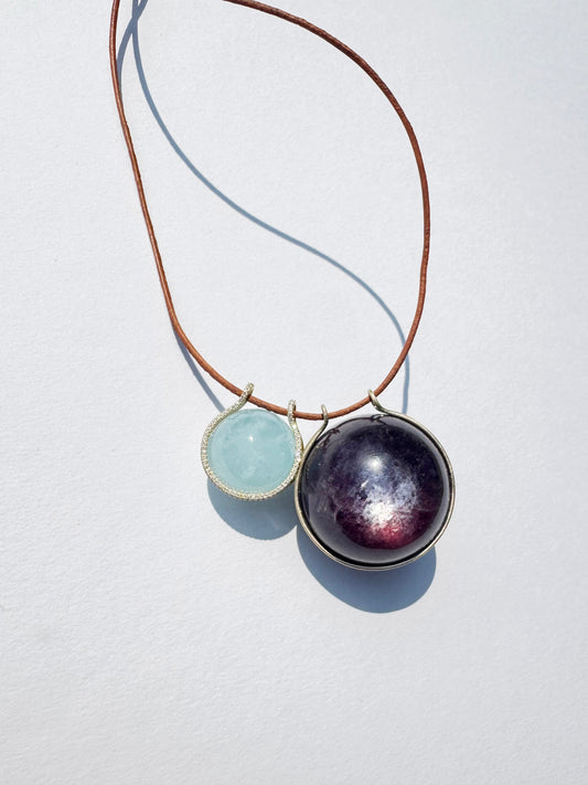 Double Healing Sphere, Lepidolite and Aquamarine with Diamonds