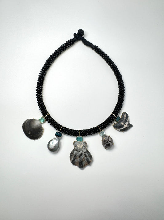 Embroidered Choker with Shells, Tahitian Baroque Pearl, Tiger Shark Tooth, Tourmalines and Aquamarine