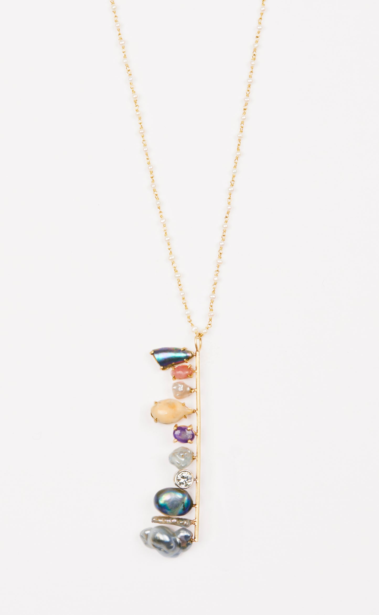 Conch, Diamond, Sapphire and Pearls on Pearl and Gold Chain