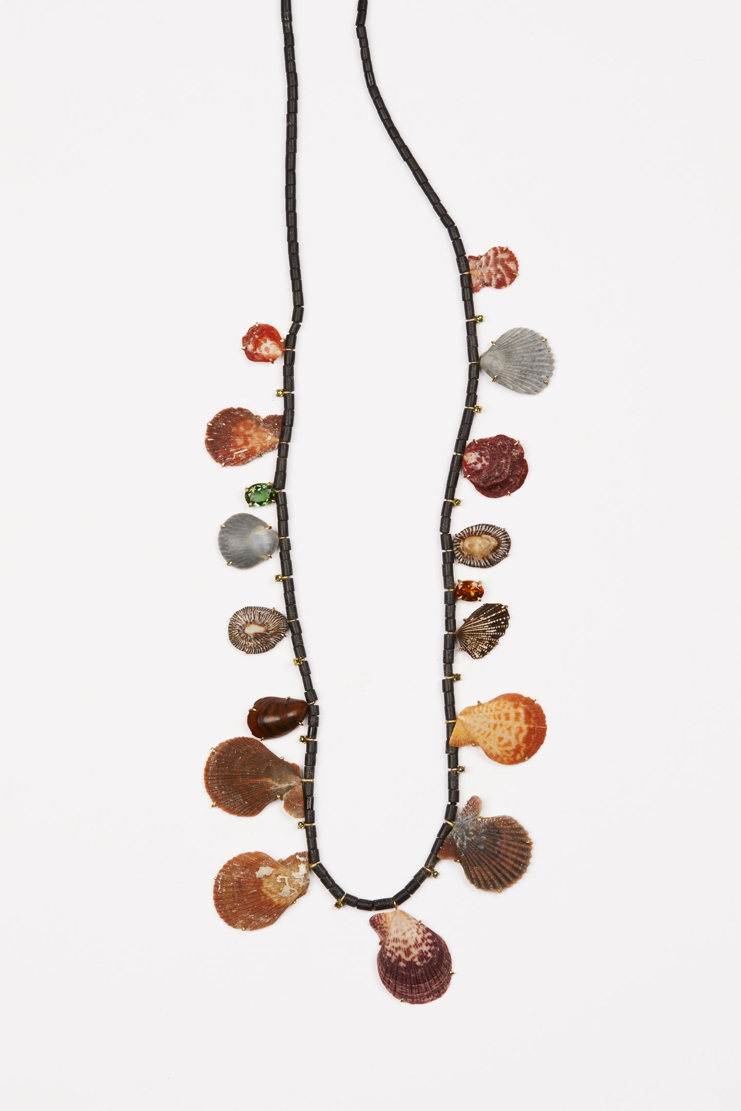 Black Jade Beads, Shells, Diamonds and Tourmaline Necklace