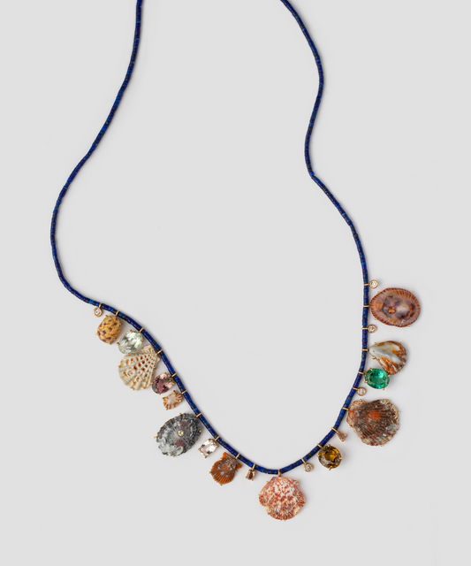 Lapis Beads with Shells, Tourmaline and Diamonds