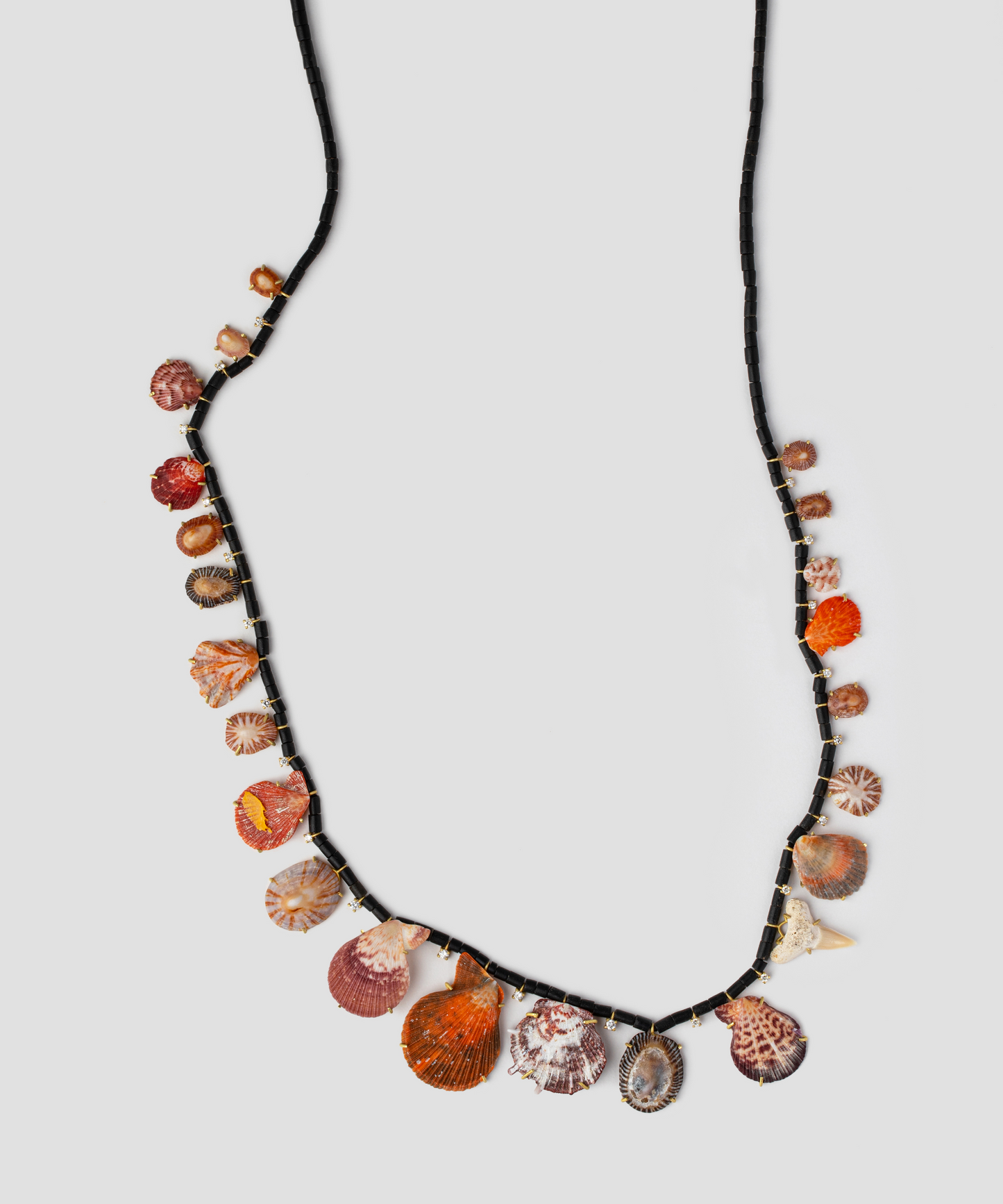 Black Jade Beads with Shells, Shark Tooth and Diamonds